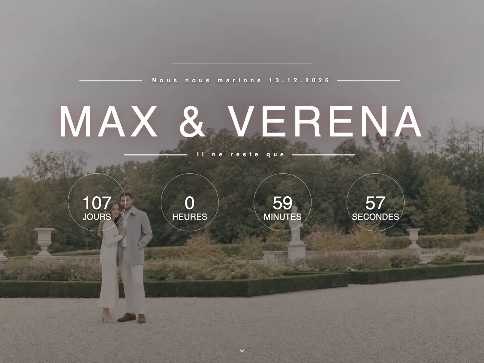 En-tête du site de mariage dans la typographie Affiche : prénoms du couple, date et compte à rebours