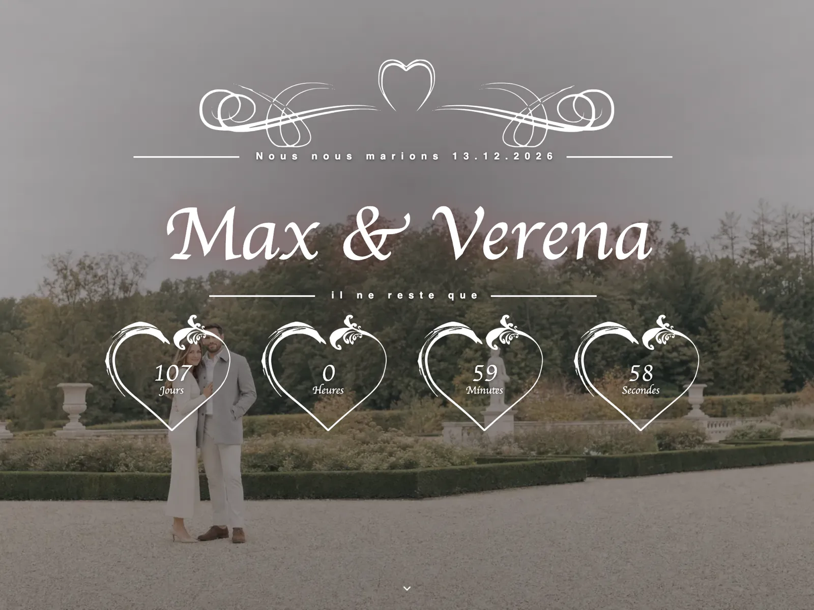 En-tête du site de mariage dans la typographie Romantique : prénoms du couple, date et compte à rebours